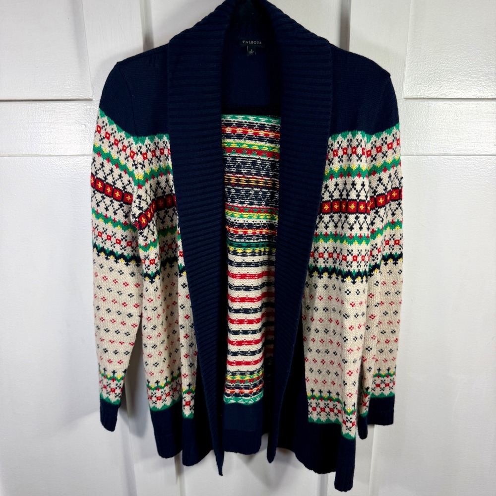 Talbots Womens S Navy Blue Fair Isle Open Front Shawl Collar Cardigan Sweater